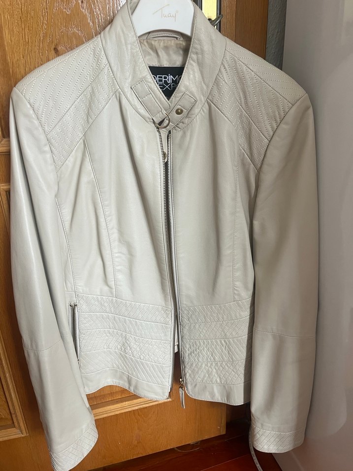 Bej Kadın Deri Ceket Fermuarlı - Görsel 2