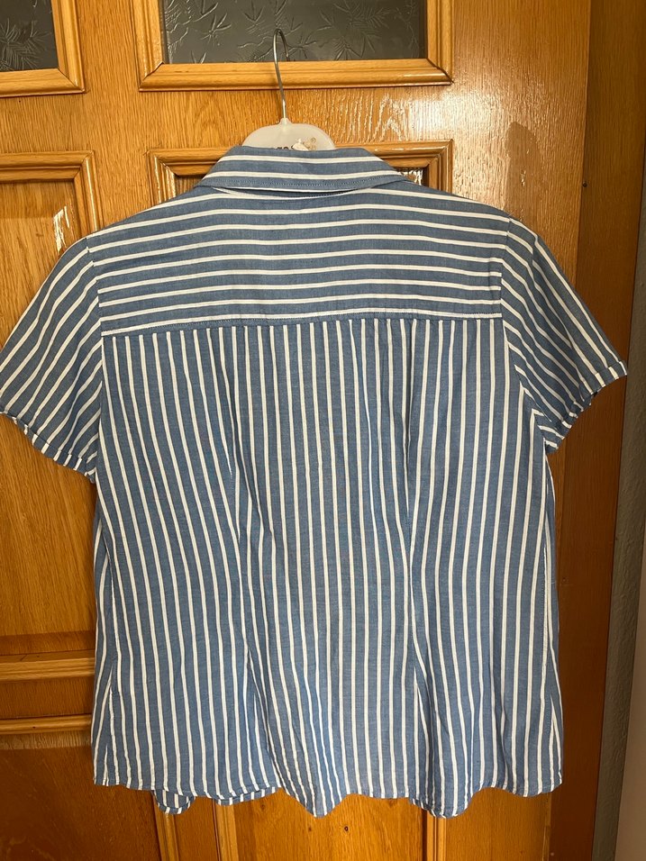 Mavi Çizgili Pamuklu Düğmeli Kadın Gömlek - Görsel 3