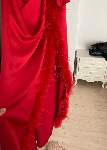 Kırmızı Drapeli Straplez Uzun Abiye Elbise - Görsel 3