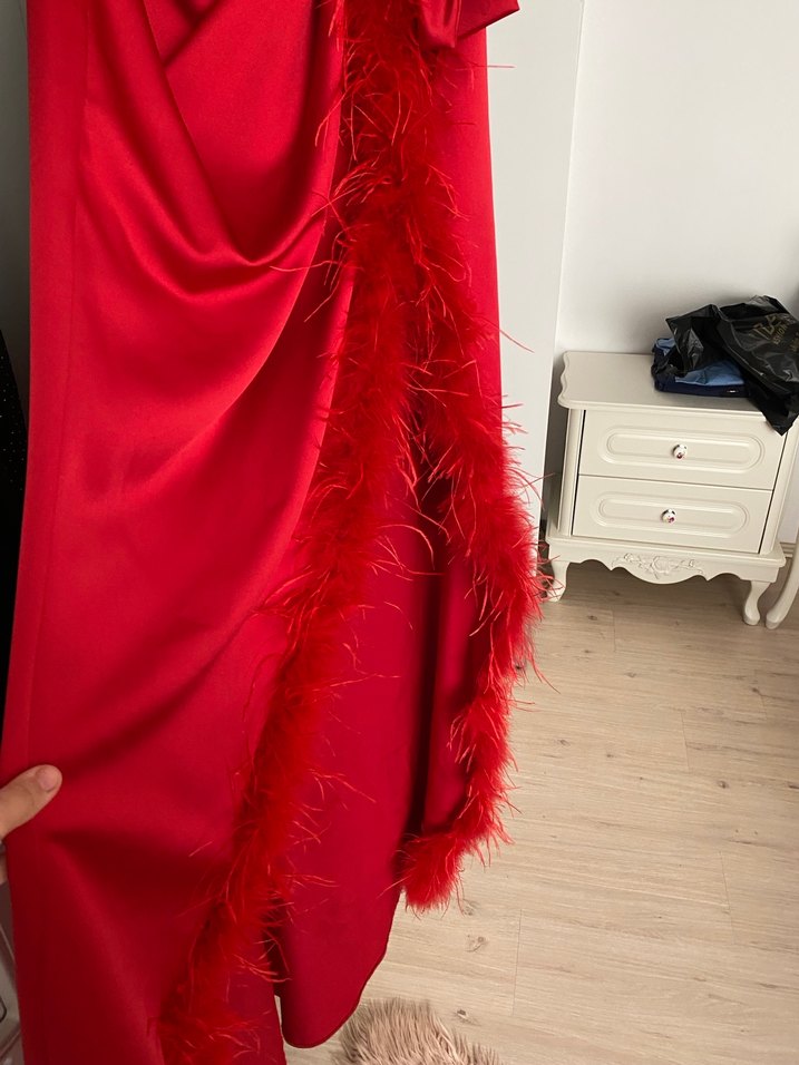 Kırmızı Drapeli Straplez Uzun Abiye Elbise - Görsel 3