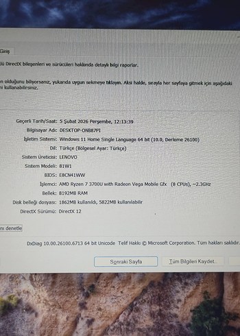 LENOVO IDEAPAD 3/ RYZEN 7/12GB DDR4/512GB M2 SSD/BAT. SAĞ. %76 - Görsel 8