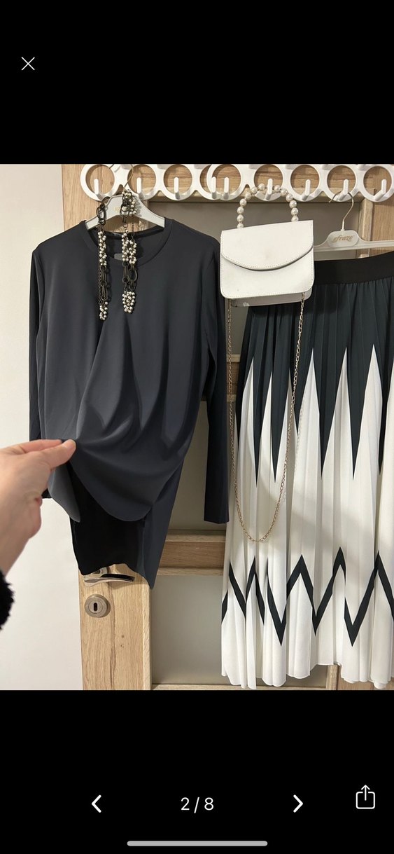 Kadın Siyah-Beyaz Pilili Uzun Etek - Görsel 2