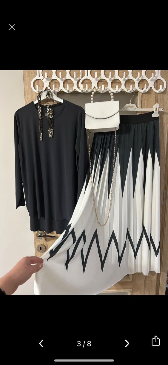 Kadın Siyah-Beyaz Pilili Uzun Etek - Görsel 3