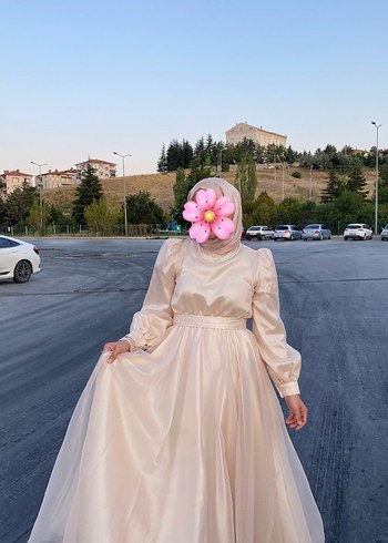 Pudra,altın sarısı,beyaz Uzun Dökümlü simli Tesettür abiye