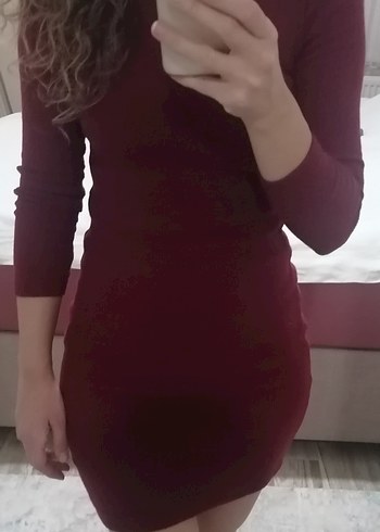 Bordo balıkçı Yaka Kadın Triko Elbise - Görsel 4