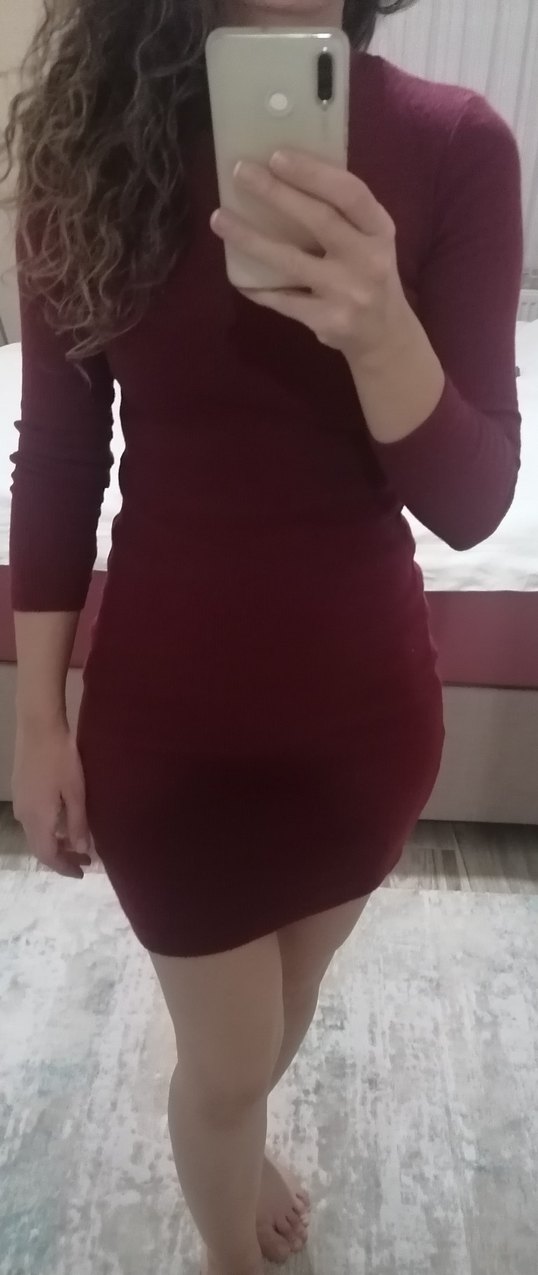 Bordo balıkçı Yaka Kadın Triko Elbise - Görsel 3