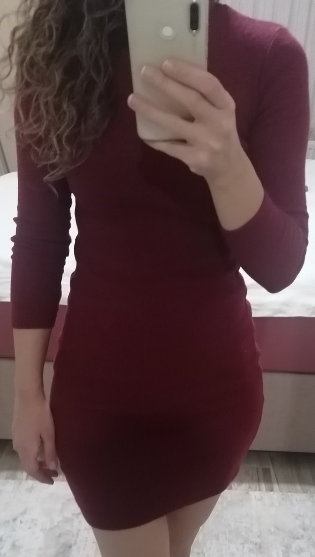 Bordo balıkçı Yaka Kadın Triko Elbise - Görsel 2