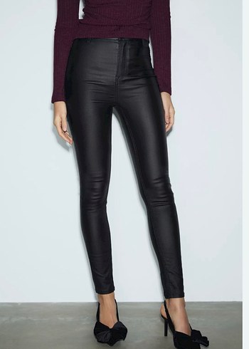 Kadın Siyah mumlu Deri Kemerli Skinny Pantolon - Görsel 3