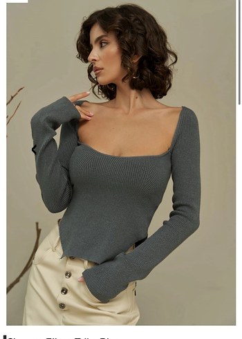 V Yaka Gri Mini Triko Kadın Bluz - Görsel 2