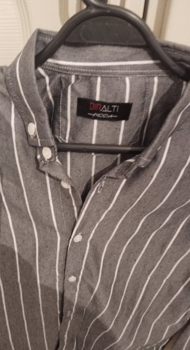 Çizgili Gri Keten Kadın Gömlek - Görsel 2