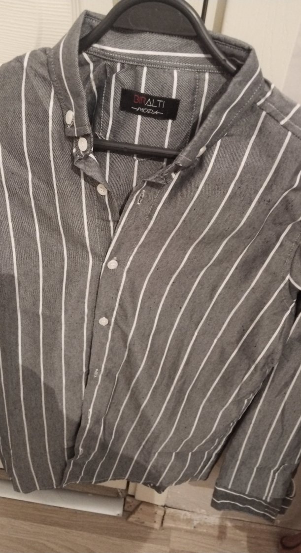 Çizgili Gri Keten Kadın Gömlek - Görsel 4