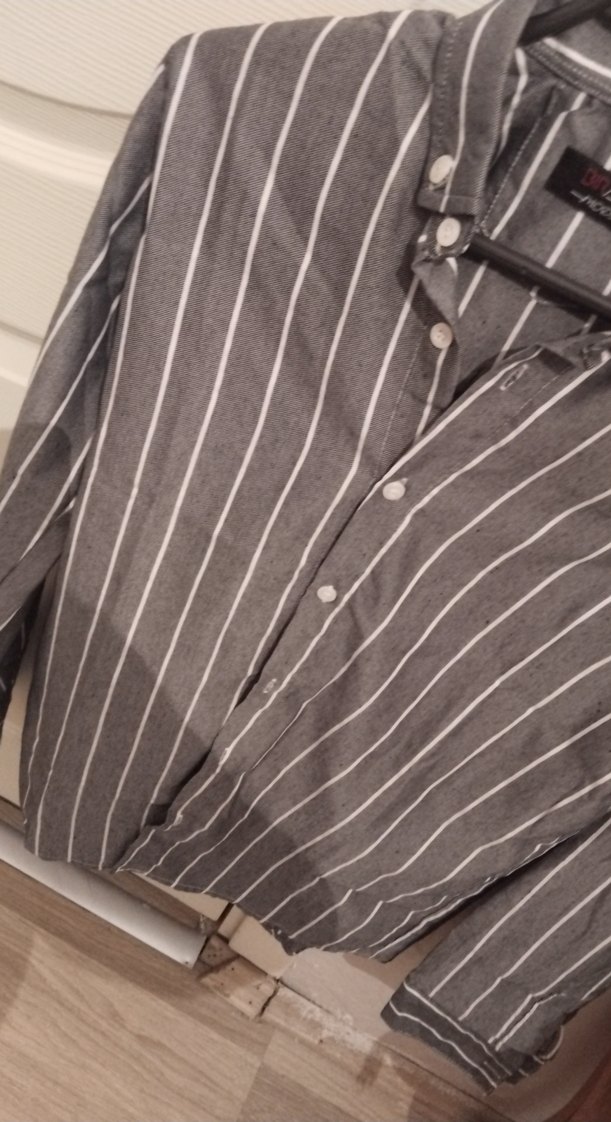 Çizgili Gri Keten Kadın Gömlek - Görsel 3