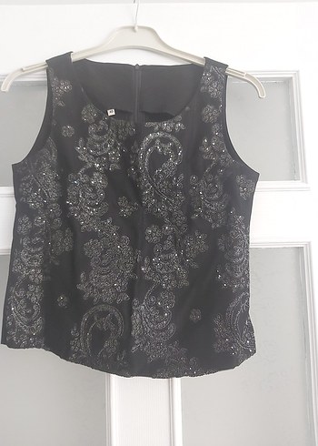 Pul İşlemeli Siyah Kolsuz Mini Bluz etek ceket takım
