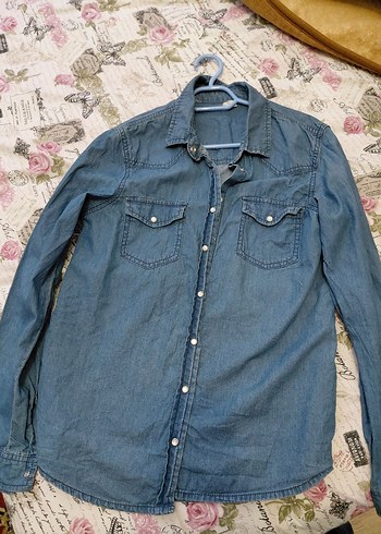 Gri Mavi Düğmeli Denim Kadın Gömlek
