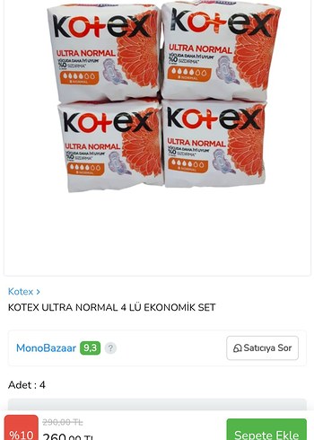 Kotex Ultra Normal 4'lü Ekonomik Set