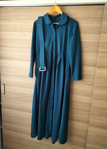 Düğmeli Uzun Mavi Kadın Elbise