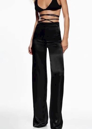 Zara Siyah Kuşaklı Kadın saten Pantolon