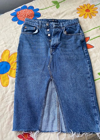 Düğmeli Mavi Midi Denim Etek