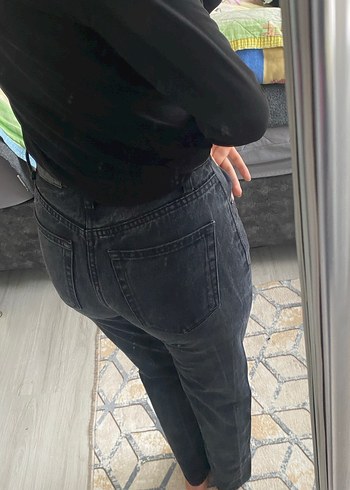 Düğmeli Siyah Kadın Bol Kesim Midi Kot Pantolon - Görsel 2