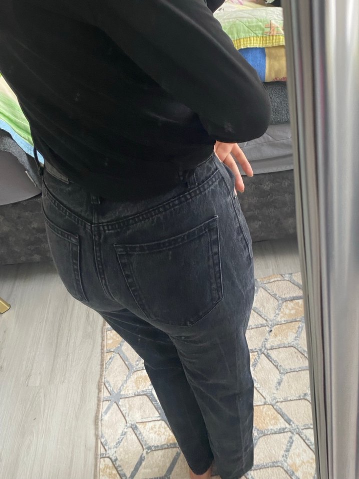 Düğmeli Siyah Kadın Bol Kesim Midi Kot Pantolon - Görsel 2