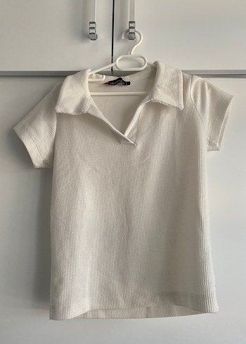 Beyaz Keten Kısa Kollu Kız Polo Tişört