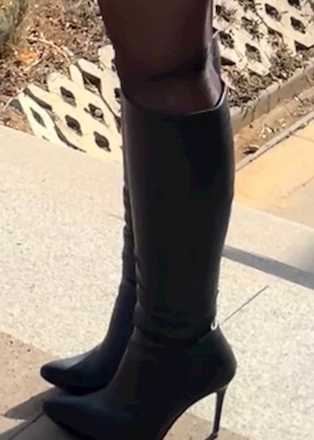 Siyah Deri Stiletto Topuklu Dizüstü Bot - Görsel 2