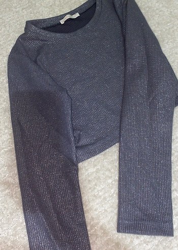 Gri Kadın Triko Bisiklet Yaka crop - Görsel 4