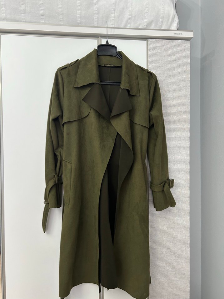 Kahverengi Süet Kemerli Uzun Kadın Trençkot - Görsel 2