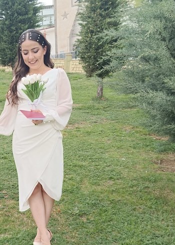 Abiye Uzun Kollu Drapeli Beyaz Sade Nikah Elbisesi