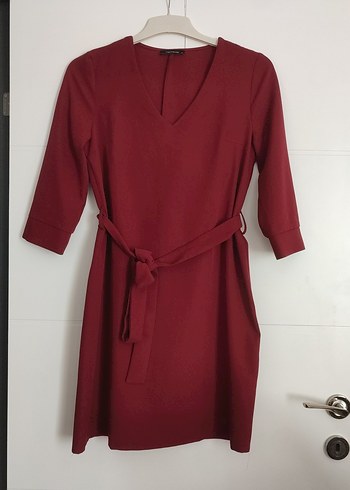 Bordo V Yaka Kemerli Midi Elbise