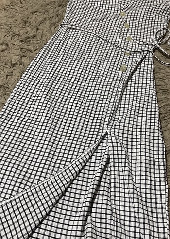 Düğmeli Kareli Uzun Gri Kadın Elbise - Görsel 2