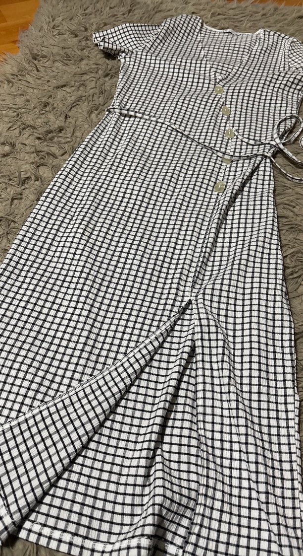 Düğmeli Kareli Uzun Gri Kadın Elbise - Görsel 2