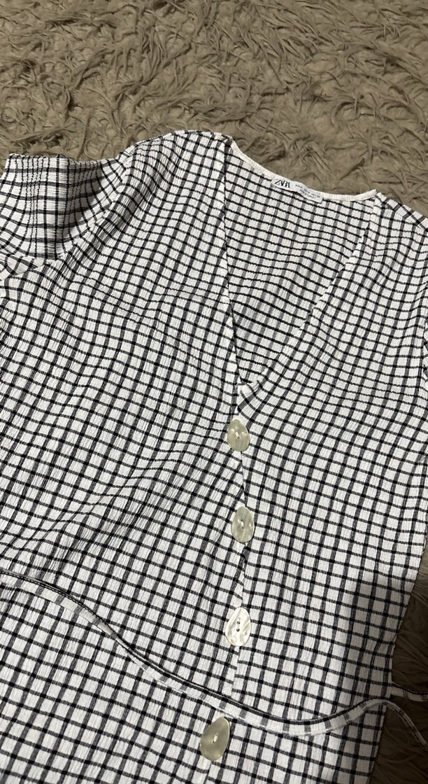 Düğmeli Kareli Uzun Gri Kadın Elbise - Görsel 3