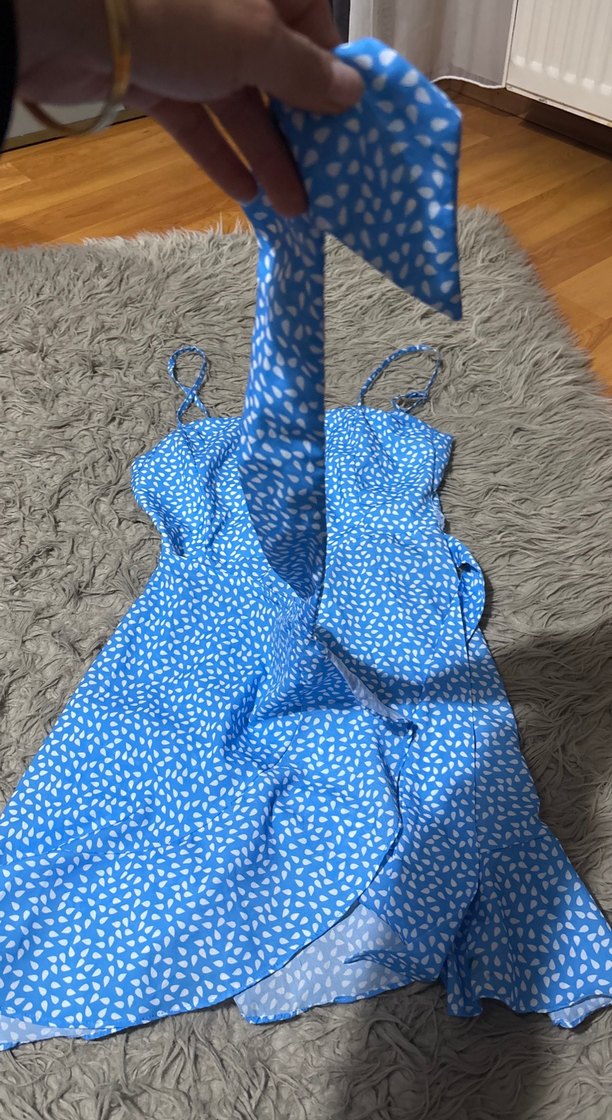 Mavi Mini Askılı Fırfırlı Kadın Elbise - Görsel 2