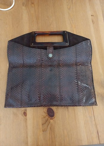 Beden Kahverengi Yılan Derisi Desenli Deri Kadın Clutch