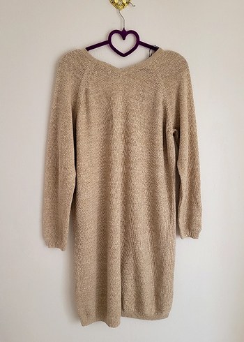 Massimo Dutti Bej Süet Midi V Yaka Salaş Elbise - Görsel 6