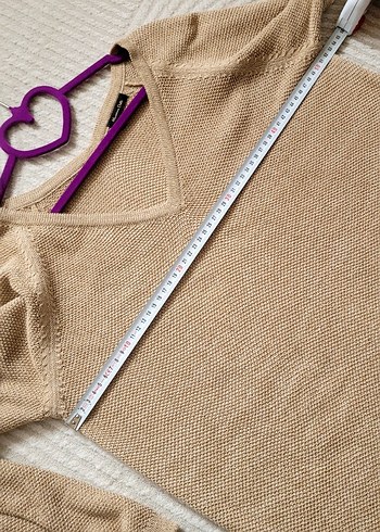 Massimo Dutti Bej Süet Midi V Yaka Salaş Elbise - Görsel 7