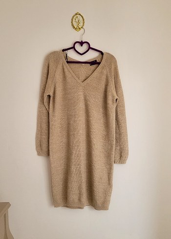 Massimo Dutti Bej Süet Midi V Yaka Salaş Elbise - Görsel 2