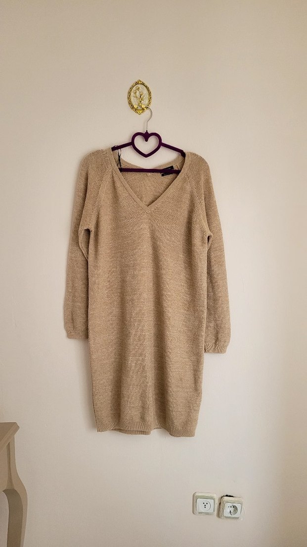 Massimo Dutti Bej Süet Midi V Yaka Salaş Elbise - Görsel 2