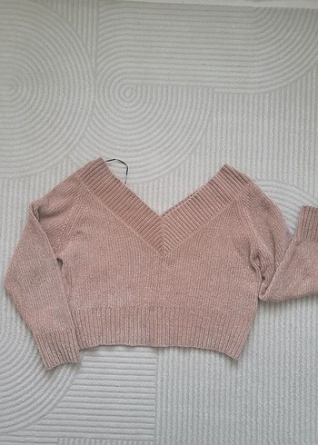 Pembe V Yaka Örgü Kadın Kazak - Görsel 2