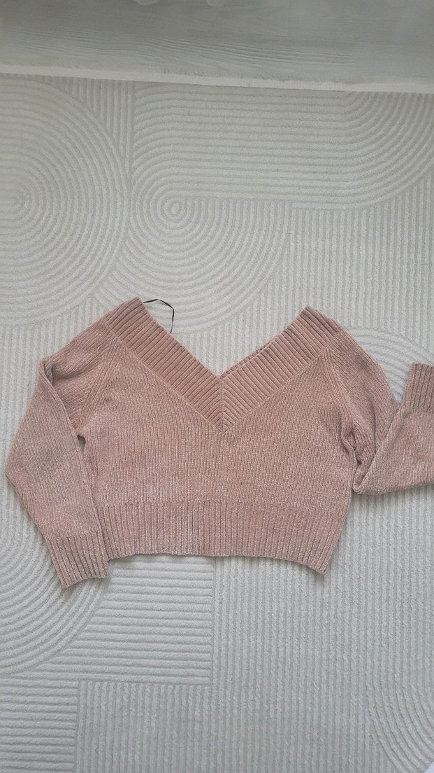 Pembe V Yaka Örgü Kadın Kazak - Görsel 2