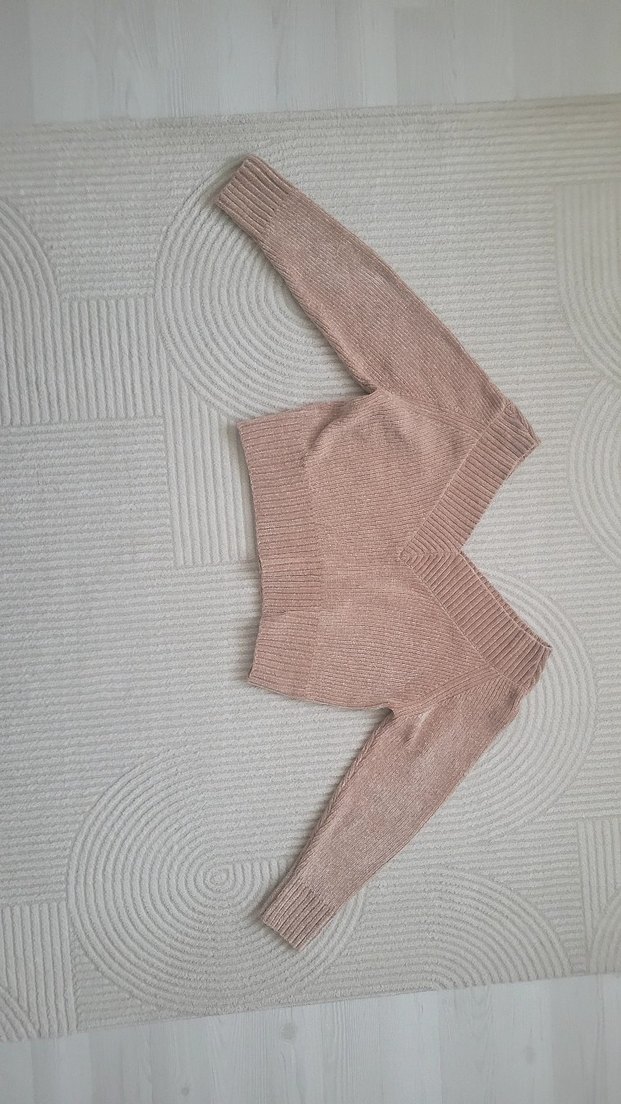 Pembe V Yaka Örgü Kadın Kazak - Görsel 3