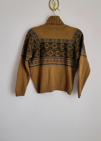 Vintage Camel Renk Desenli Triko Kazak - Görsel 5