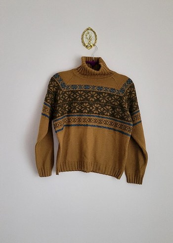 Vintage Camel Renk Desenli Triko Kazak - Görsel 2