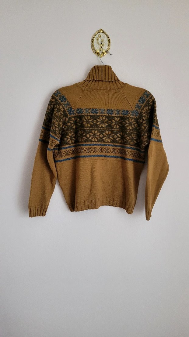 Vintage Camel Renk Desenli Triko Kazak - Görsel 5