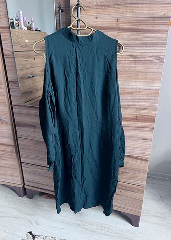 Yüksek Yakalı Yeşil Keten Kalem Elbise - Görsel 6