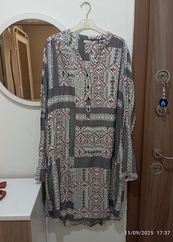Kadın Gri Bohem Uzun Kollu Desenli Tunik