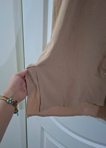 Bej Uzun Kollu Keten Kadın Gömlek - Görsel 3