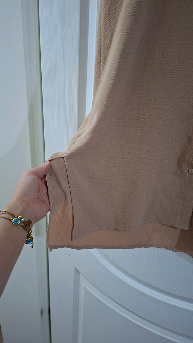 Bej Uzun Kollu Keten Kadın Gömlek - Görsel 3