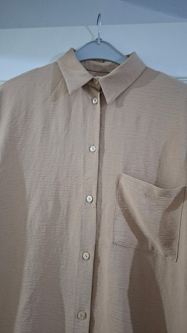 Bej Uzun Kollu Keten Kadın Gömlek - Görsel 2